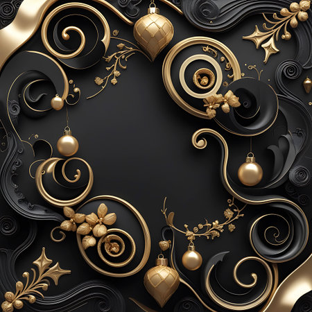 An abstract decorative background featuring intricate swirling patterns in gold and black. Small golden Christmas ornaments and floral embellishments are scattered throughout the design, creating a luxurious and festive atmosphere. The composition is symmetrical with a central dark space.の素材