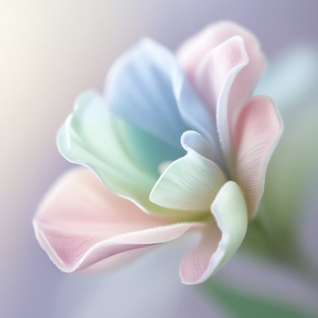 A close-up of delicate flower petals in soft pastel shades of pink, blue, green, and white. The petals are gently curved and have a soft, velvety texture. The image is rendered with a shallow depth of field, creating a soft focus and bokeh effect in the background, emphasizing the ethereal and romantic beauty of the bloom.の素材