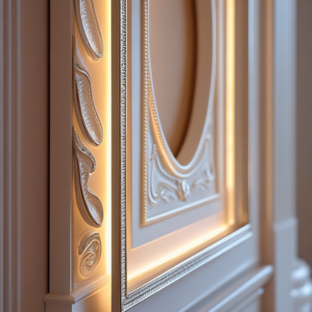 A close-up, angled view of an ornate white wall panel featuring intricate decorative molding and trim. Integrated warm LED lighting is recessed along the edges of the panel, casting a soft glow and highlighting the detailed carvings and textures. The color palette is predominantly white and cream with subtle gold accents in the trim, conveying a sense of elegance and sophistication.の素材