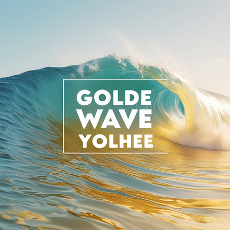 A powerful, breaking ocean wave in a vibrant turquoise hue dominates the frame. Golden sunlight illuminates the crest and spray, creating a dramatic contrast. The water is captured in motion, with foam and splashes adding to the dynamic energy. The clear sky and calm sea in the distance provide a serene backdrop to the wave's intensity.の素材