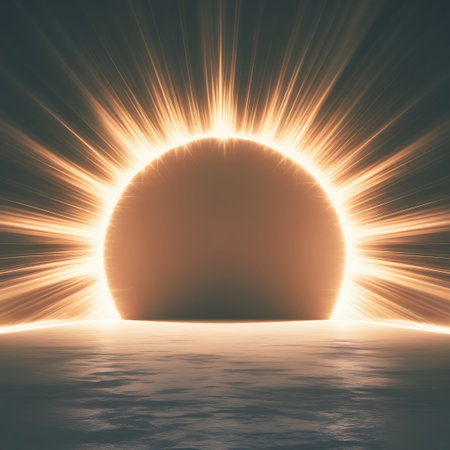 A large, glowing orb resembling a sunrise emerges from a dark horizon, casting brilliant orange and yellow light rays outwards. The light reflects on a textured, watery surface below, creating a sense of depth and ethereal beauty. The overall mood is one of powerful, radiant energy and a new beginning.の素材