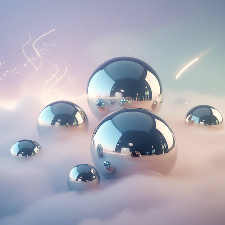 A collection of highly reflective, metallic spheres of varying sizes are suspended in a soft, ethereal mist. The spheres have a mirror-like surface, reflecting the surrounding environment and smaller, lighter orbs. Wisps of light and scattered sparkles add a magical and dreamy quality to the scene, with a gentle pastel gradient in the background.の素材
