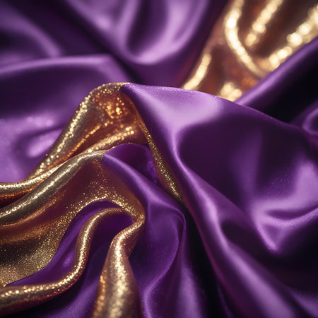 This image showcases a close-up of rich purple satin fabric with flowing waves and soft folds. Interspersed and layered with the satin are sections of shimmering gold sequins, creating a dazzling contrast. The interplay of the smooth satin and the textured sequins, along with the play of light, conveys a sense of luxury and festivity.の素材