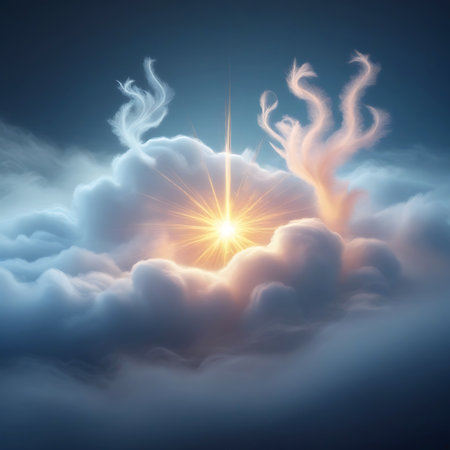 A bright, golden starburst emanates from the center of a fluffy white cloud formation against a deep blue sky. Ethereal, wispy tendrils resembling feathers or smoke curl upwards from the cloud, adding a mystical and dreamlike quality. The light is intense and radiant, casting soft glows and highlights on the surrounding clouds.の素材