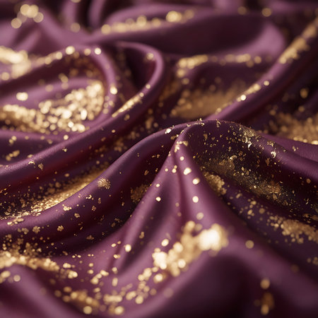 A detailed view of rich burgundy satin fabric with a smooth, lustrous surface. Scattered gold leaf flakes are embedded in the fabric, adding a touch of opulence and sparkle. The material is artfully draped, creating elegant folds and highlights.の素材