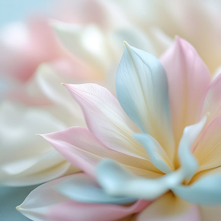 A macro photograph captures the intricate details of a dahlia flower's petals. The petals are rendered in soft pastel shades of pink, white, and pale blue, with delicate veins visible. The lighting creates a gentle glow, and the background is softly blurred, emphasizing the flower's ethereal beauty and delicate texture.の素材