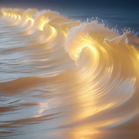 A series of ocean waves are captured in motion, each cresting and curling under the warm, golden glow of sunlight. The light penetrates the water, creating luminous highlights and reflections on the undulating surface. The background shows a darker blue sea and sky, emphasizing the brilliance of the illuminated waves.の素材