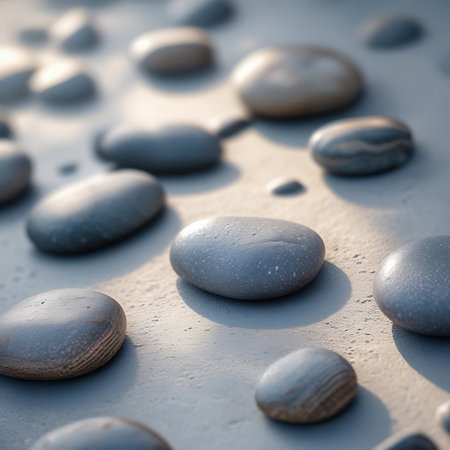 A close-up, high-angle view of numerous smooth, rounded grey river stones scattered across a light grey, textured surface. Sunlight casts soft shadows and highlights, revealing subtle details and water droplets on some of the stones. The arrangement is natural and organic, creating a sense of calm and serenity.の素材