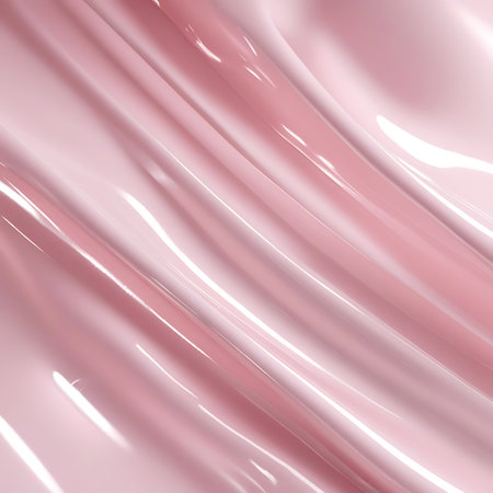 A close-up, abstract view of a soft pink, glossy material with gentle waves and folds. The surface reflects light, creating bright highlights and subtle shadows that emphasize the smooth, fluid texture. The overall impression is one of elegance and softness, suitable for backgrounds or design elements.の素材