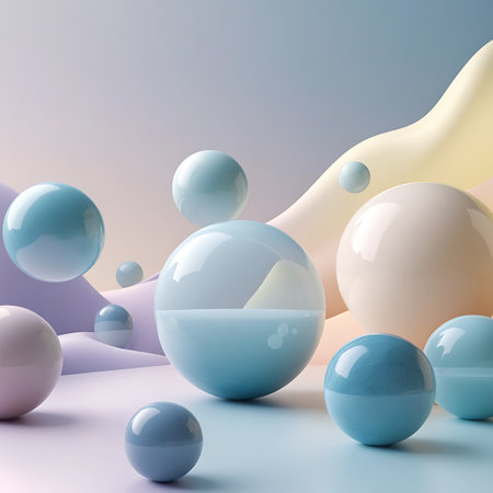 A collection of smooth, pastel-colored spheres are arranged on a soft, gently undulating surface. Some spheres are solid pastel colors, while others are translucent and appear to contain a liquid or water-like substance with subtle internal reflections. The background features soft, flowing wavy shapes in pastel tones. The lighting is soft and diffused, creating a serene and dreamy atmosphere.の素材