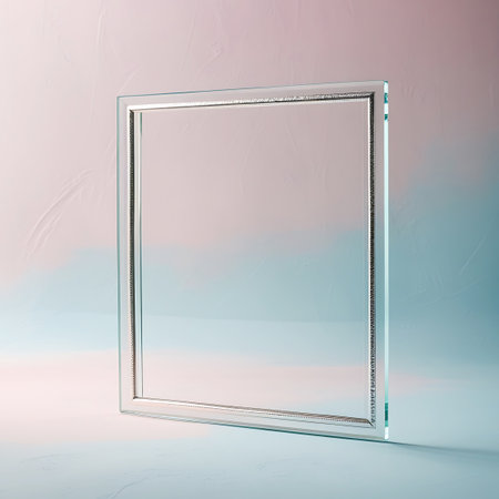 A square frame constructed from clear, thick glass features an ornate silver border with intricate detailing. It stands upright on a surface with a soft, textured pastel background in shades of pink and blue. The glass is reflective, showing highlights and the subtle texture of the backdrop. The detailed silver frame contrasts with the clean transparency of the glass.の素材