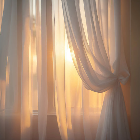 Delicate white sheer curtains are gently draped and tied to the side, allowing soft golden sunlight to stream through. The light creates a warm, diffused glow, highlighting the translucent fabric and casting subtle shadows. The scene evokes a sense of peace and tranquility within an indoor space.の素材