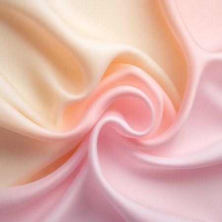 An abstract image showcasing a swirling pattern of smooth fabric in pastel pink, cream, and peach tones. The material appears to be silk or satin, with a lustrous finish that catches the light. The curves and folds create a dynamic, organic shape, suggesting movement and fluidity. The soft color palette contributes to an elegant and luxurious feel.の素材