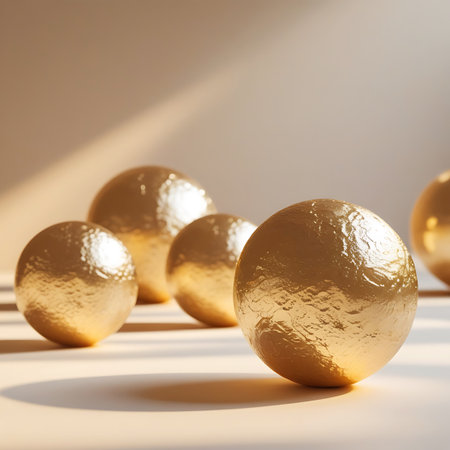 A single, large golden sphere with a distinct textured surface is positioned prominently in the foreground. Behind it, several other golden spheres, some smooth and reflective, others textured, are softly illuminated by warm, diffused light. Long shadows stretch across the surface, adding depth and a sense of calm. The background is a muted, neutral tone.の素材
