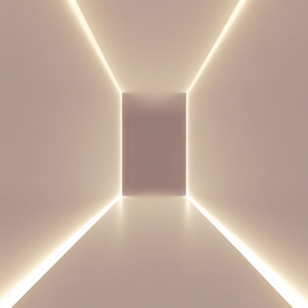 A minimalist, modern interior scene depicting a long, illuminated corridor with soft, warm light emanating from the edges of the walls and ceiling. The perspective draws the viewer into the scene, towards a softly lit rectangular opening at the far end. The smooth, light-colored surfaces and diffused lighting create a clean, serene, and slightly futuristic atmosphere.の素材
