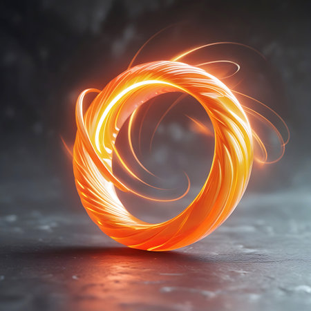 A 3D rendered image of a circular ring with a textured, ribbed surface, predominantly colored in bright orange. The ring possesses an intense internal glow, with bright yellow light shining through its grooves and swirling patterns. Wisps of light and smoke-like trails gracefully curve around the object, suggesting movement and energy. The dark, textured background provides a dramatic contrast.の素材