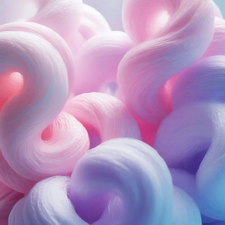 This abstract image features a close-up of intertwined swirls of pastel pink and purple material, reminiscent of soft dough or slime. Gentle rays of light pierce through the forms, creating an ethereal and dreamlike atmosphere. The smooth, flowing curves and soft textures evoke a sense of playfulness and sweetness.の素材