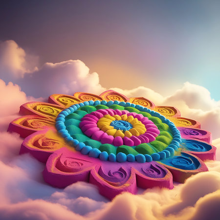 A detailed, multi-layered rangoli design resembling a blooming flower is presented floating within soft, pastel-colored clouds. The central part of the design features concentric circles of yellow, blue, and green powder, transitioning to turquoise and then vibrant pink petals. Each petal is intricately shaped and filled with powder, creating a textured appearance. The surrounding clouds are illuminated by a warm, gentle light, casting a soft glow on the artwork.の素材