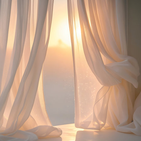 Sheer white curtains are gently draped and illuminated by the warm, golden light of a sunset. The light filters through the translucent fabric, creating a soft, ethereal glow and casting subtle highlights. The scene suggests a peaceful interior setting with a view towards a bright, out-of-focus exterior.の素材