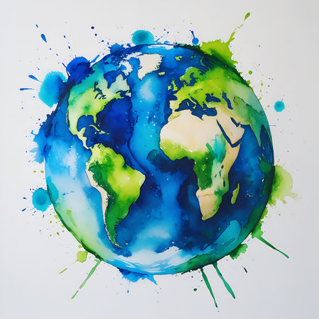 A vibrant watercolor painting of the Earth globe. Continents are depicted in shades of green and beige, surrounded by swirling blues representing the oceans. The artwork features dynamic splashes and splatters of blue and green paint radiating outwards, giving it an energetic and fluid appearance. The background is a clean white, emphasizing the colorful depiction of the planet.の素材