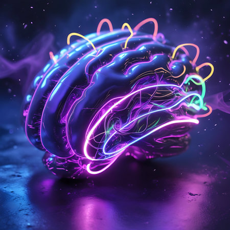 An abstract representation of a brain is depicted with a glossy, dark surface, intricately interwoven with glowing neon light trails in shades of purple and pink. The luminous lines suggest complex neural pathways or digital connections. The image is set against a dark, atmospheric background with subtle smoke and light particles, creating a sense of mystery and advanced conceptualization.の素材