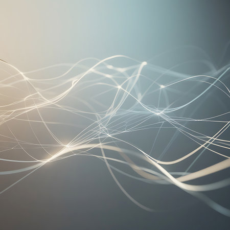 This abstract image features a network of thin, glowing white and light yellow lines that curve and intertwine against a soft gradient background transitioning from light beige to grey and blue. The luminous trails create a sense of movement and connection, suggesting themes of technology, data flow, or energy. The lighting is soft and diffused, giving the image an ethereal and futuristic feel.の素材