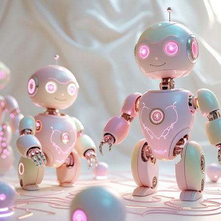 A group of charming, pastel pink and white robots are showcased in a soft, dreamlike setting. The robots have large, glowing pink eyes and intricate, glowing pink circuitry patterns on their bodies. Their design is cute and friendly, with articulated limbs and metallic gold accents. The background is soft and diffused, with subtle hints of light and delicate lines.の素材