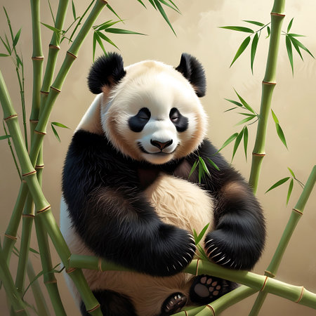A charming illustration of a giant panda sitting comfortably amidst a dense growth of vibrant green bamboo stalks. The panda, with its iconic black and white markings, has its eyes gently closed and a contented expression. Its fluffy fur and plump body are clearly visible as it rests its paws on the bamboo branches. The background features a soft, muted tone, allowing the panda and the lush bamboo to be the focal point.の素材