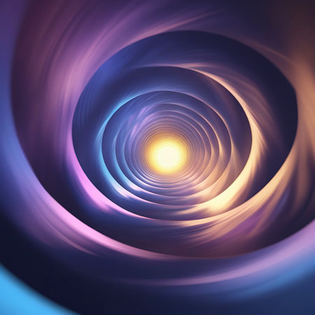 An abstract visualization of a swirling vortex or tunnel, characterized by flowing lines and vibrant colors. A bright, warm light emanates from the center, illuminating the spiraling forms which transition from deep blues and purples to softer pinks and oranges. The image evokes a sense of movement and cosmic energy.の素材