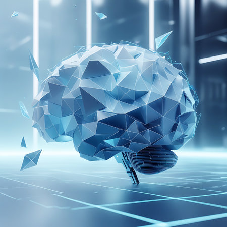An abstract, low-poly model of a human brain is depicted in a futuristic, digital environment. The brain is constructed from interconnected geometric polygons in shades of blue and white. Small, sharp geometric shards float around the brain, suggesting fragmentation or data transfer. The background features glowing lines and a digital grid, creating a sense of advanced technology and information processing.の素材