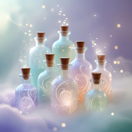 An assortment of eight glass bottles with cork stoppers, each emitting a soft glow and featuring decorative swirling designs. They are presented in a mystical, dreamlike environment with pastel-colored mist and scattered sparkling lights, creating an enchanting and magical atmosphere.の素材