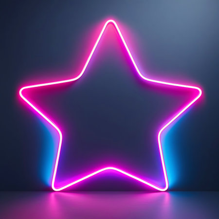 A five-pointed star outline is prominently lit with a bright pink neon light. A subtle, softer blue light emanates from the lower edges of the star, creating a gradient effect. The neon tube is smooth and rounded. The star is set against a dark, textured background, and the floor below reflects the pink and blue illumination. The image conveys a sense of vibrant energy and glowing decoration.の素材