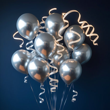 A cluster of silver, metallic balloons is arranged together, each with a shiny, reflective surface. Curled, silver ribbons or streamers are intertwined with the balloons, adding a festive touch. The balloons are presented against a solid, dark blue background, making the silver elements stand out. The image conveys a sense of celebration and festivity.の素材