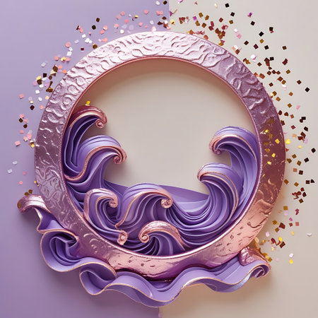 A circular frame with a textured rose gold metallic finish encloses a stylized depiction of purple waves. The waves are rendered with a glossy, flowing texture, creating a sense of movement. The outer edge of the frame is adorned with a subtle wave-like pattern, and scattered rose gold confetti adds a festive sparkle. The background is a soft gradient of light purple and beige.の素材