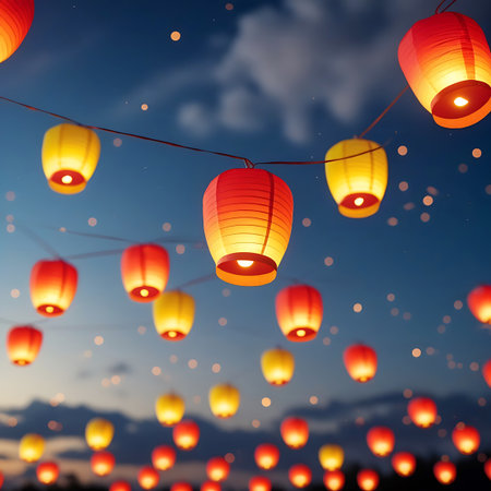A multitude of red and yellow paper lanterns are strung across a deep blue evening sky, casting a warm and festive glow. The lanterns are illuminated from within, creating a vibrant and inviting atmosphere. Numerous small, out-of-focus lights are scattered throughout the background, adding a sense of depth and magic. The sky is a rich, dark blue, with subtle cloud formations adding texture.の素材