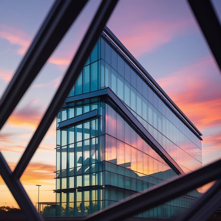 A striking view of a modern glass office building's corner, its blue glass facade reflecting a dramatic sunset sky with streaks of pink and orange clouds. The building's sharp angles and geometric lines are emphasized by the reflection. A dark, angular metal structure in the foreground frames the scene, adding depth and a sense of looking through a window or barrier.の素材