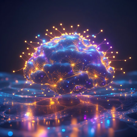 Glowing showing cloud-like abstract form with glowing connections and particles. High resolution image suitable for commercial use. Clear details and vibrant colors enhance visual appeal.の素材