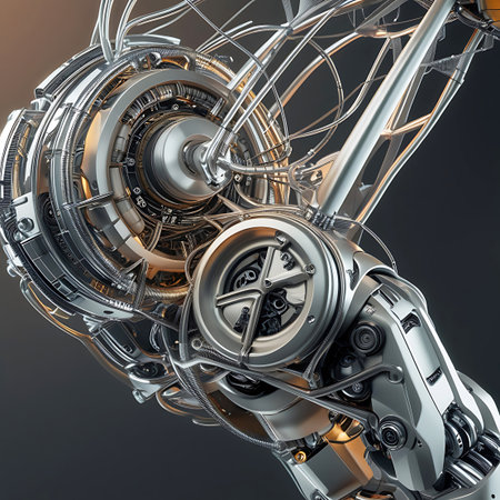 A detailed close-up of a complex robotic joint mechanism. The image highlights circular components, intricate gears, and a dense network of wires and cables. The metallic surfaces are polished and reflect light, emphasizing the precision and advanced engineering of the robotic part. The overall impression is one of sophisticated machinery and futuristic technology.の素材