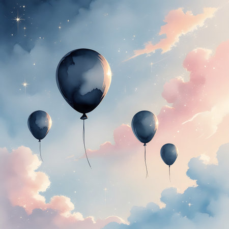 A group of dark gray and blue balloons are shown floating through a surreal sky filled with soft, pastel pink and blue clouds. Tiny stars and sparkling light effects dot the background, creating a dreamlike and atmospheric scene. The balloons, tethered by thin strings, appear to drift effortlessly through the ethereal expanse.の素材