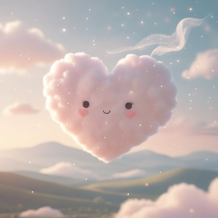 A charming, pink heart-shaped cloud with a sweet, smiling face, complete with blush marks, floats in a soft, pastel sky. It is adorned with subtle sparkles and surrounded by other fluffy clouds. The background features a gently rolling landscape of hills and mountains, bathed in a warm, ethereal light, creating a serene and whimsical scene.の素材