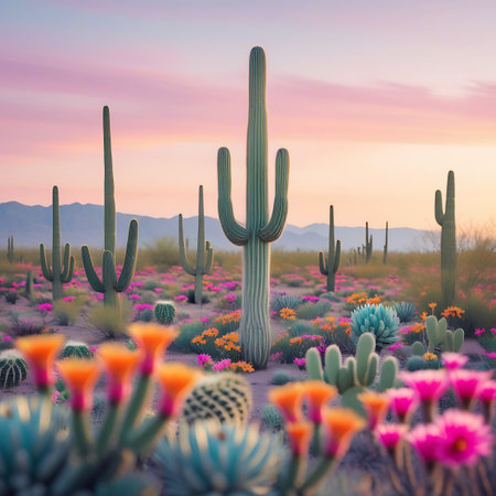 A vast desert landscape unfolds under a soft, pastel-colored sunset sky. Towering saguaro cacti stand tall amidst a carpet of vibrant wildflowers in shades of pink and orange. Various other succulents and smaller cacti are scattered across the arid terrain, with distant mountains forming a hazy silhouette against the horizon. The scene evokes a sense of tranquility and the raw beauty of the desert.の素材