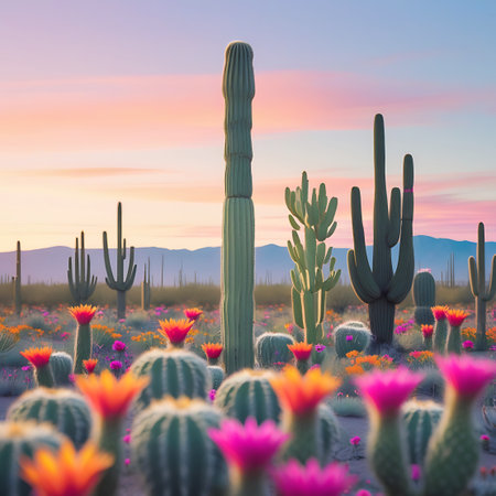 A picturesque desert landscape bathed in the soft hues of a sunrise or sunset. Tall saguaro cacti stand prominently among a variety of smaller cacti, many adorned with bright pink and orange blossoms. A field of colorful wildflowers carpets the foreground, with distant mountains silhouetted against a pastel sky.の素材