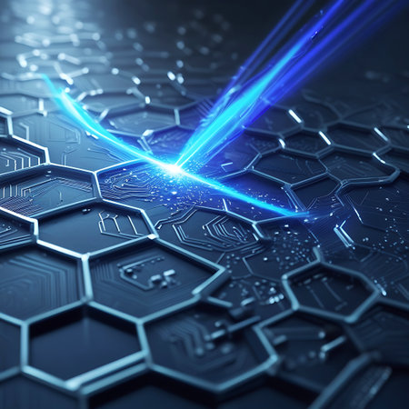 An abstract, close-up perspective of a digital network represented by a hexagonal grid. A vibrant blue energy burst emanates from a central point, creating a dynamic visual effect. The surface features detailed circuit board patterns, suggesting advanced technology and data processing.の素材