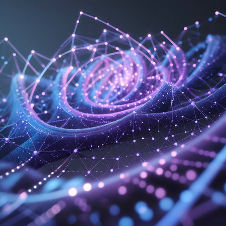 A close-up view of an abstract digital network, characterized by a swirling pattern of interconnected purple and blue glowing particles. The intricate web of lines and nodes creates a sense of depth and complexity, suggesting a flow of information or energy within a futuristic digital space.の素材