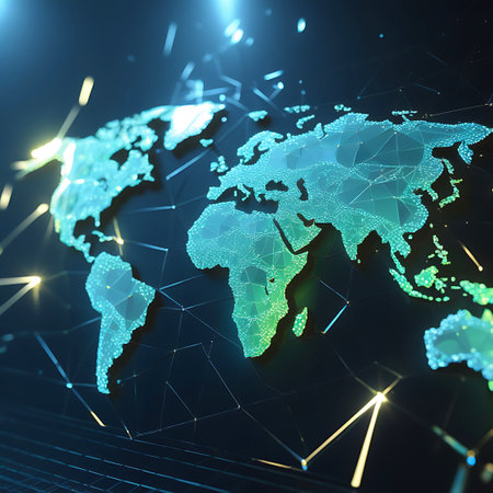A stylized digital representation of the world map is depicted against a dark background. The continents are outlined with a glowing, polygonal mesh in shades of blue and green. Thin lines and nodes connect various points on the map, suggesting a global network. Streaks of bright yellow and white light emanate from some areas, adding a dynamic and futuristic feel to the overall composition.の素材