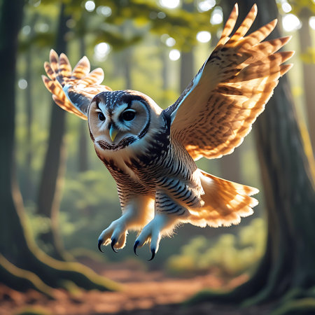 A barred owl is captured in mid-flight, its wings spread wide, showcasing the intricate feather details. The owl is positioned within a lush green forest, with blurred trees and vibrant foliage creating a soft bokeh effect. Its sharp talons are extended, and its intense gaze is directed forward. The image conveys the agility and grace of the bird of prey in its natural, verdant habitat.の素材
