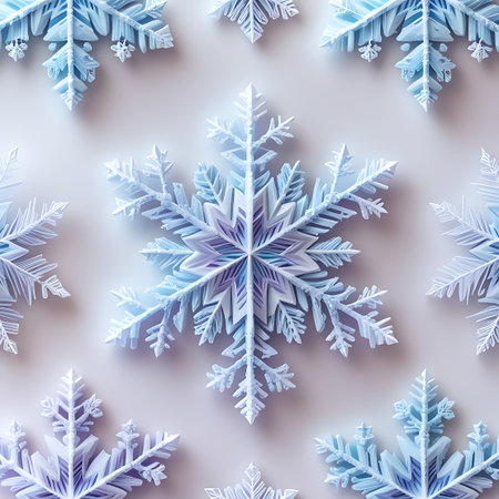 A prominent, intricately detailed snowflake takes center stage against a soft background. Surrounding it are other snowflakes and ice crystal formations in shades of blue and purple. The delicate, geometric patterns of the ice crystals create a visually rich and festive composition, perfect for winter themes.の素材