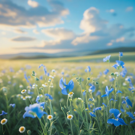 A picturesque meadow bursts with life, featuring a mix of vibrant blue poppy flowers and delicate white chamomile. The scene is bathed in the warm, soft light of the golden hour, with rolling green hills in the background and a sky adorned with fluffy clouds. The focus is on the colorful flora and the tranquil, natural beauty of the landscape.の素材