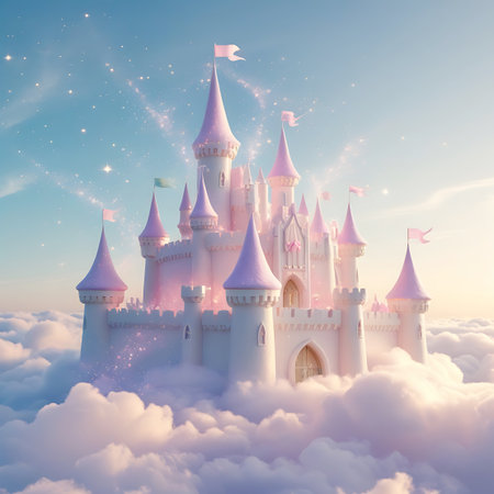 A beautiful pink castle with numerous towers and flags is depicted floating on a bed of soft clouds. The sky transitions from a soft blue to a warm, golden hue, suggesting sunset or sunrise. Streaks of pink light and sparkling stars add to the magical and dreamlike quality of the scene, with light emanating from within the castle windows.の素材