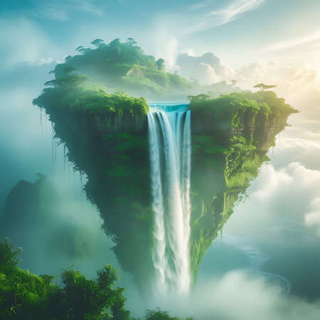 An enchanting view of a floating island adorned with twin waterfalls that plunge into a sea of clouds. The island is densely covered with vibrant green vegetation and scattered trees. The scene is bathed in soft, warm sunlight, creating a dreamlike and mystical ambiance. Wisps of mist and clouds surround the island, enhancing its surreal and isolated quality.の素材